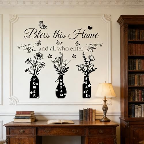 Bless This Home and All Who Enter Wall Decal - Inspirational Quote with Floral Vase & Butterfly Stickers, Power Dream Brave Vinyl Wall Art for Entryway, Living Room, Farmhouse Home Decor - Image 2
