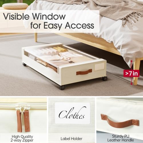Yecaye 60L Under Bed Storage Containers with Wheels, 2 Pack Under Bed Storage Containers, Underbed Shoe Storage with Clear Window & Label, Rolling Under Bed Metal Drawer for Shoes, Clothes, Beige - Image 4