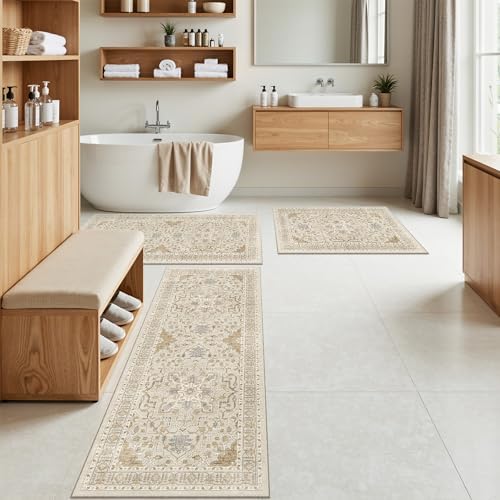 Madane Washable Kitchen Rug Set of 3 Small Area Rugs Non-Slip, Beige/Blue - Image 3