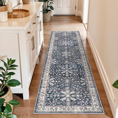 2x6ft Washable Hallway Carpet Runner – Non-Skid Floor Runner Rug for Kitchen Indoor Entryway Bedroom Bathroom Bedside – Boho Vintage Soft Low-Pile Area Rug (Blue,2x6) by BYYVOORugsforYourHome