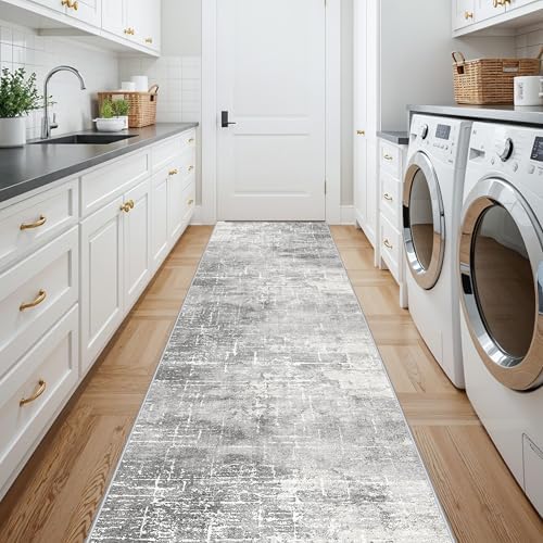 Washable Long Hallway Runner Rug: Non-Slip 2'6x12 Kitchen Rugs Abstract Entryway Bathroom Runner Soft Living Room Bedroom Beside Floor Mat Indoor Farmhouse Carpet for Home Office(2'6x12,Light/Grey) - Image 5