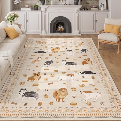 DUKINO 5x7 Area Rugs, Washable Dog Rug for Kids Room Non Slip, Beige Yellow by DUKINO