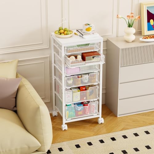 Sbanmao 6 Drawers Rolling Utility Cart, Rolling Storage Cart with Wooden Tabletop, Storage Drawer Cart on Lockable Wheels, Craft Cart for Bedroom, Classroom, Office, White - Image 2