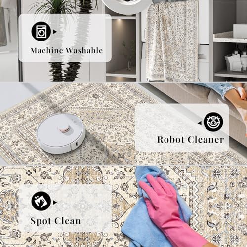 10x14 Washable Area Rug for Living Room - Non-Slip Vintage Rugs Beige Gray - Image 5