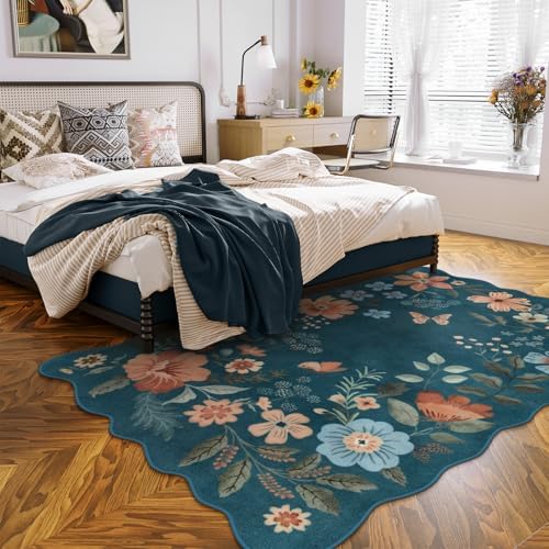 Lahome Floral Washable Area Rugs 5x7, Soft Navy Blue Rugs for Living Room - Image 3