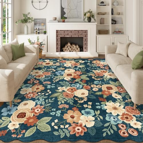 DUKINO 8x10 Area Rug for Living Room, Floral Washable Rug, Prussian Blue by DUKINO
