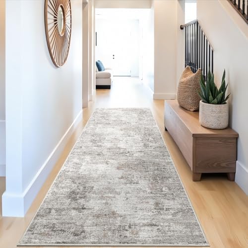 3x10 Ft Long Hallway Runner Rug - Non-Slip Washable Kitchen Runner Rug with Rubber Backing | Modern Abstract Wide Floor Carpet Runner for Indoor Entryway, Bedroom, Living Room, Beige/Grey/Brown by ZHXXUJ