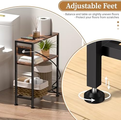 Small Narrow Side Table with Charging Station, Skinny End Table for Small Spaces, Slim Nightstand with Outlets, Sofa Bedside Table in Living Room, Bedroom, Study, Kitchen and Balcony (Rustic Brown) - Image 5