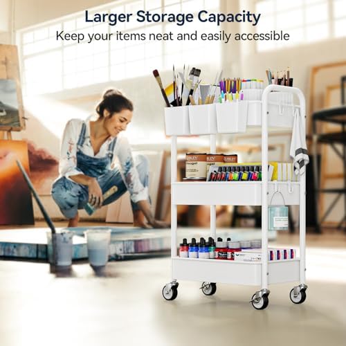 YASONIC 3 Tier Rolling Cart, Heavy Duty Metal Utility Cart with Wheel White - Image 4