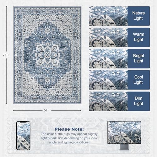 5x7 Area Rugs Living Room: Washable Vintage Rug for Bedroom Blue - Image 2