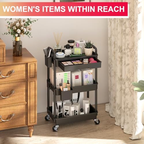 Goovilla 3 Tier Rolling Utility Cart Organizer with Removable Drawer, Black - Image 5