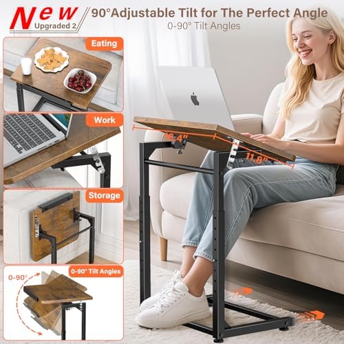 Upgrade Tv Tray Table Set of 2, 8-Level Adjustable Height Couch Side Table, 90° Tilt Angle Foldable C-Shaped End Table with Phone & Tablet Slot Sofa Computer Desk for Couch,Sofa,Bed,Chair,Living Room - Image 3