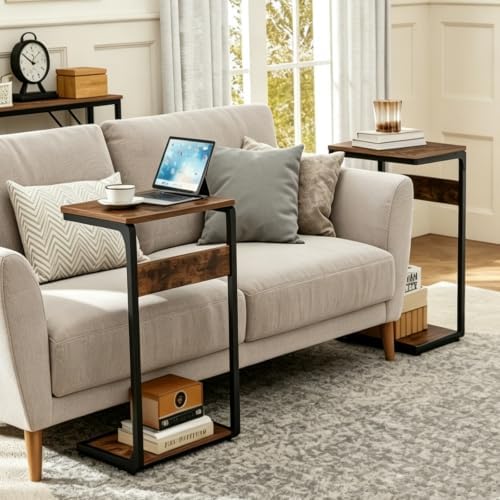 Wood Pedestal Snack TV Trays Set of 2, Small C Shaped NightStand ET-YB-BRW2 - Image 3
