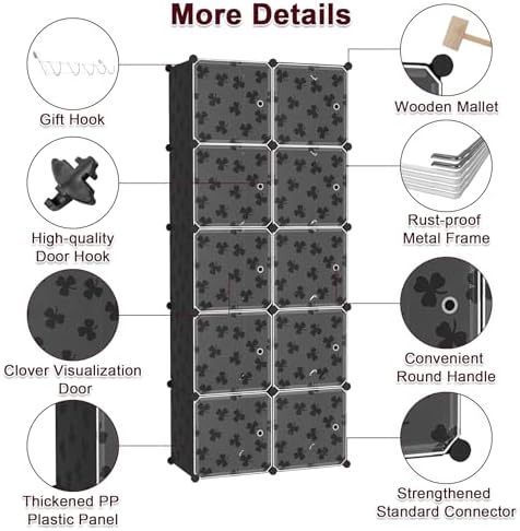 C&AHOME Clover Embossed Storage Organizer with Doors 10-Cube Shelf Black - Image 7