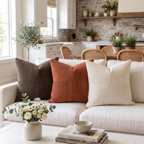 Fancy Homi 2 Packs Rust Big Decorative Throw Pillow Covers 24x24 Inch for Living Room Couch Bed, Rustic Farmhouse Boho Home Decor, Soft Corss Corduroy Patchwork Square Terracotta Cushion Case 60x60 cm - Image 2
