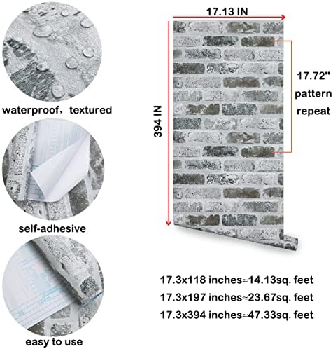 Guvana 17.3"×394" Brick Wallpaper Grey Self Adhesive Wallpaper 3D Brick Peel and Stick Wallpaper Removable Contact Paper Brick Textured Vintage Wall Paper for Kitchen Accent Wall Decor | Grey Self Adhesive Wallpaper Removable Contact Paper Brick Textur... - Image 6