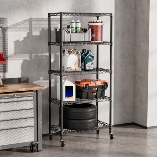 SINGAYE 5 Shelves Storage Wire Shelf Closet Metal Shelving Pantry Wheels - Image 6