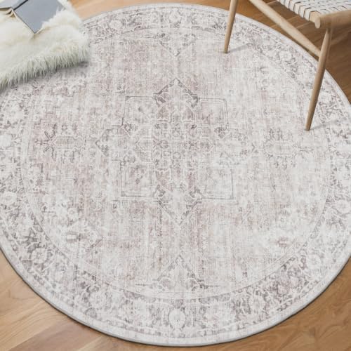 ReaLife Rugs Machine Washable Area Rug - Living Room Bedroom Bathroom Kitchen Entryway Office - Padded Low Pile Stain Resistant Premium - Boho Farmhouse Vintage - Lyle - Beige Ivory 4' Round by ReaLifeRugs