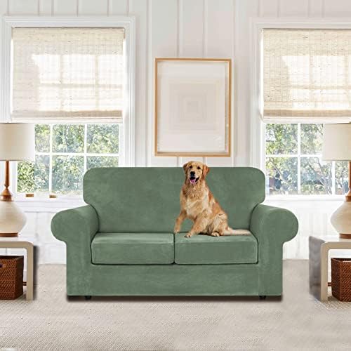 WEERRW Velvet Stretch 3 Pieces Couch Cover for Sofa Washable, Greyish Green - Image 2