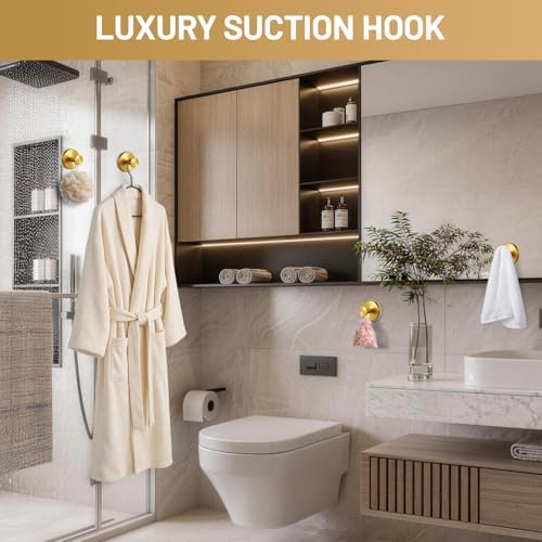 Suction Cup Hooks for Shower No-Drill Bathroom Hooks for Towels, Robes, Loofah Mountable on Bathroom Walls, Kitchen, Glass, Mirrors, Tile and Smooth,Non-Porous Surfaces (4, Brushed Gold) - Image 5