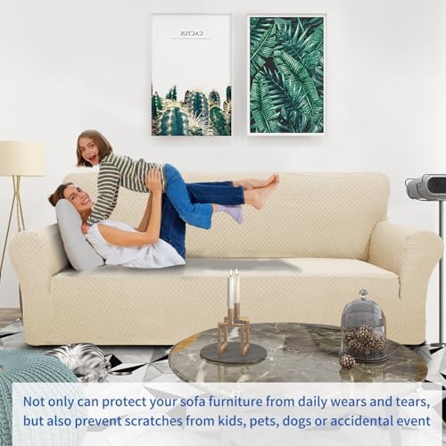ZNSAYOTX 1 Piece Jacquard Couch Covers for 3 Cushion Couch Living Room High Stretch Sofa Cover Pets Dogs Friendly Anti Slip Thickened Slipcovers Furniture Protector (Sofa, Light Biege) - Image 2