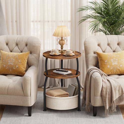 Round Side Table with Storage Basket for Living Room Rustic Brown - Image 5