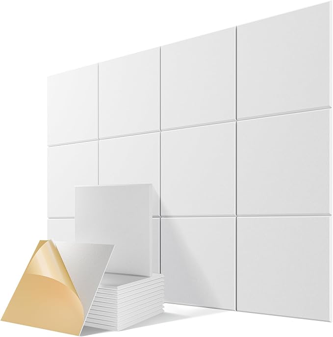 12 Pack Self-Adhesive Sound Proof Foam Panels for Walls 12"x12"x0.4" Fabric | High-Density Acoustic Panels, Noise Reducing Soundproof Wall Panels for Home Studio, Office, Easy-Install White by Lebenforce