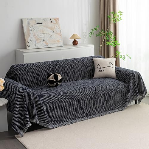 MYSKY HOME Couch Covers for 2 Cushion Couch Sectional Sofa, L Shape Sofa Protector Navy Chenille Couch Cover, Sofa Covers Washable Blanket with Tassel Pet Couch Cushion Cover, 71"X102" by MYSKYHOME