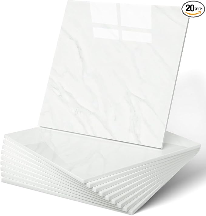 WADILE 20PC Waterproof Peel and Stick Wall Panels 11.8 x 11.8 Earl White | Marble look, Self adhesive, PVC Panels, Lightweight Foam Wall Panels, Bathroom, Kitchen, Not Real Tile by WADILE