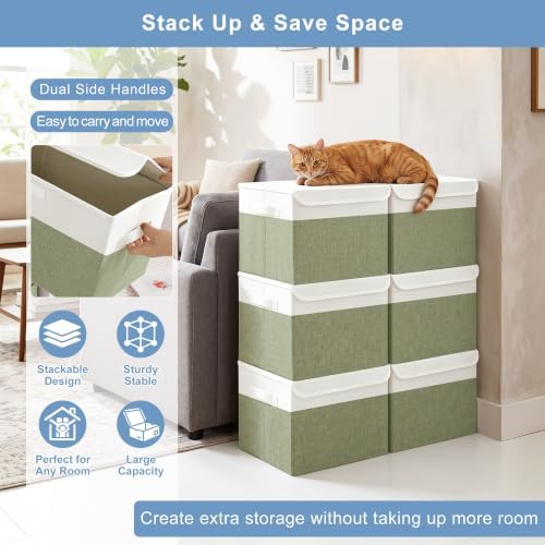 Large 17" 42 Quarts Collapsible Stackable Storage Bins with Lids [3-Pack] Foldable Fabric Linen Storage Boxes Cube, Closet Organizer Baskets with Label for Home (16.7 x 12 x 12", Green & White) - Image 5