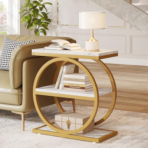 Tribesigns End Table with Storage Shelves, 3-Tier Wooden Industrial Sofa Side Table with Black Metal Frames for Living Room, Slim Nightstand and Bedside Table for Bedroom, White & Gold - Image 3