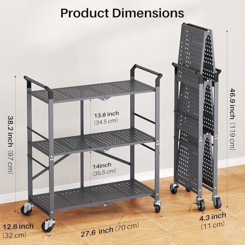 SNTD 3 Tier Rolling Cart, Metal Utility Cart on Wheels, Grey - Image 4