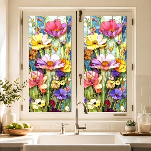 Privacy Window Film 17.5x38.3 Inches, Stained Glass Floral Decorative Window Sticker, Colorful Frosted Glass, Anti-UV, Static Cling for Home, Bathroom, Office (Colorful Flowers) - Image 2