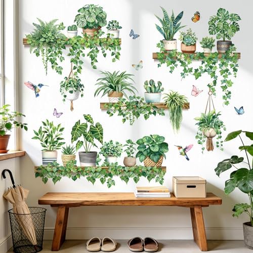 decalmile Green Pot Plants Tropical Leaf Vines Leaves Wall Decals Stickers by decalmile