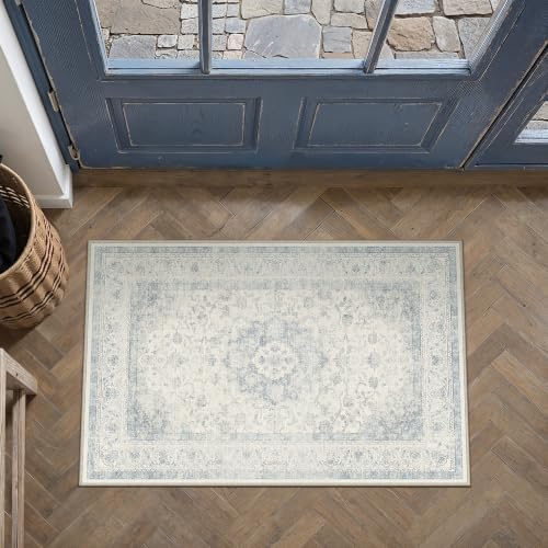 2x3 Blue Washable Area Rug Non Slip Vintage Carpet - Image 2