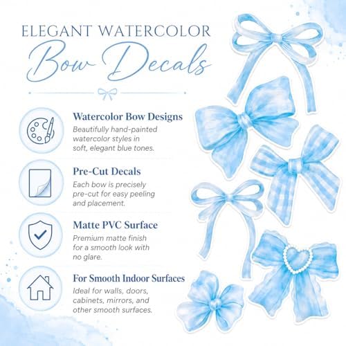 60Pcs Watercolor Bowtie Wall Stickers - Coquette Aesthetic Vinyl Decals for Room Decor in Light Pink, Sky Blue, Mint Green, Lavender Peel and Stick Nursery, Bedroom, Kindergarten Wall Art (Blue) - Image 3