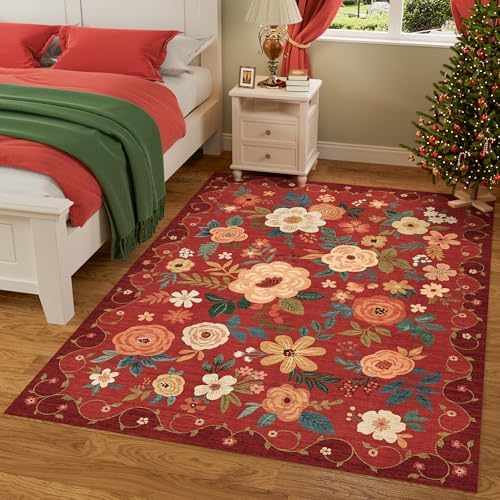 DUKINO 6x9 Area Rugs, Floral Washable Rug for Bedroom Non Slip, Red - Image 6