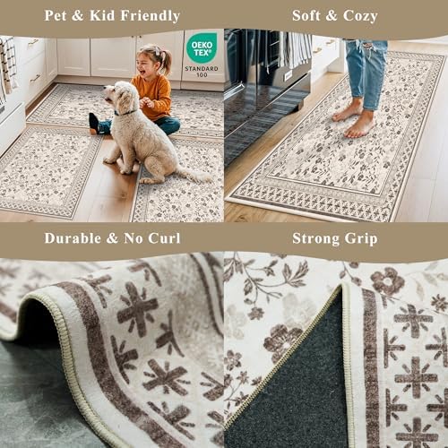 3-Piece Kitchen Rugs Set for Floor, Washable Non-Slip Farmhouse Kitchen Mats for Hardwood Floor, Rustic Floral Boho Runner Rug for Sink,Entryway & Hallway & Bathroom (Beige/Brown/Floral,2x3-2x4-2x5) - Image 4
