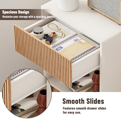 Fluted Nightstand, Modern Bedside Table with Storage Drawers and Open Wood Shelf, Night Stand with Solid Wood Legs, End Tables Side Tables for Living Room, Bedroom - Image 5