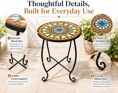 Small Mosaic Outdoor Side Table, 14-Inch Round Metal Patio Table - Image 7