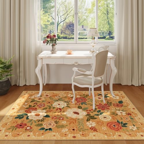 DUKINO 3x5 Area Rug, Floral Washable Rug for Bedroom Non Slip, Orange - Image 3