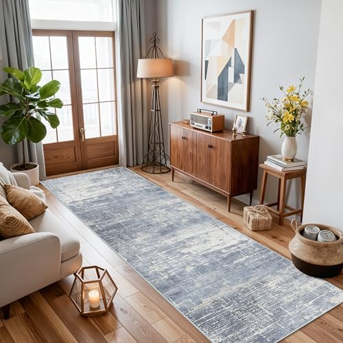 Hallway 2x10 Washable Runner Rug: Abstract Kitchen Stove Rugs Low-Pile Stain Resistant Entryway Area Rug Cozy Bedroom Soft Floor Mat Non-Slip Farmhouse Carpet for Bathroom Living Room(2x10,Blue/ivory) - Image 4