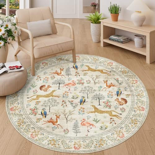 DUKINO 5ft Round Rug, Washable Animal Non Slip Circle Area Rug, Beige by DUKINO