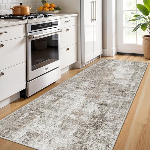 3x7 Washable Non-Slip Kitchen Runner Rug – Modern Abstract Neutral Beige & Gray Carpet for Hallway, Entryway, Bedroom, Laundry Room – Low-Pile Thin Wide Floor Runner with Rubber Backing - Image 2
