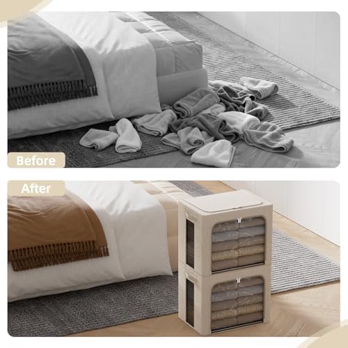 FHSQX 2 Pack Clear Window Storage Bins - Large Stackable Linen Fabric Storage for Clothes Foldable Container Organizer Set with Carrying Handles (Beige, 16.5x 12.2x 12.2Inch) - Image 5