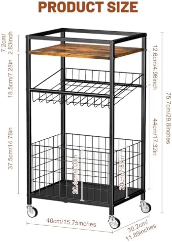Fruit Vegetable Cart, 3-Tier Snack Cart on Wheels & Wood Top, Brown - Image 2