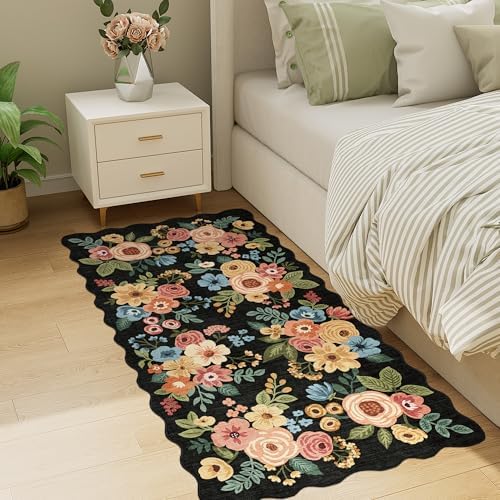 DUKINO 2x4 Rug for Entryway, Floral Washable Kitchen Rugs Non Slip, Black - Image 6