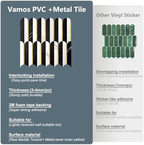 Vamos Tile Peel and Stick Backsplash Seamless Tile,Stick on Backsplash for Kitchen and Bathroom,Marble Look PVC Mixed Metal Gold Self Adhesive Metal Mosaic Tiles (10 Sheets) - Image 6