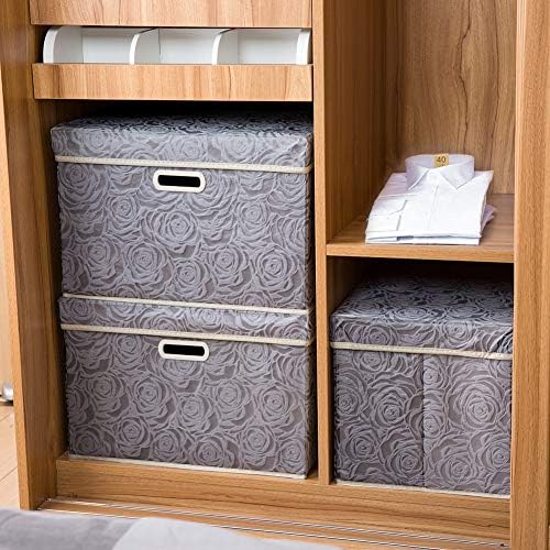 PRANDOM Large Storage Boxes with Lids [3-Pack] Fabric Decorative Storage Bins Cubes Organizer Containers Baskets with Handles for Closet Grey 17.7x11.8x11.8 In For 6+ Year Old Boys and Girls - Image 3