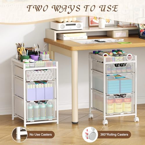 Rolling Utility Cart with 3 Drawers, Craft Organizer and Storage with DIY Divider, Lockable Wheels, Multi-Functional Storage for Art Supplies, Store for Brushes & Paints & Artifacts,White - Image 3
